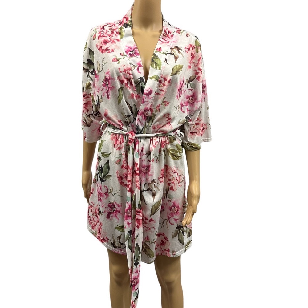 Show Me Your MuMu White Pink Rose Print Floral Belted Robe One Size Fits Most
